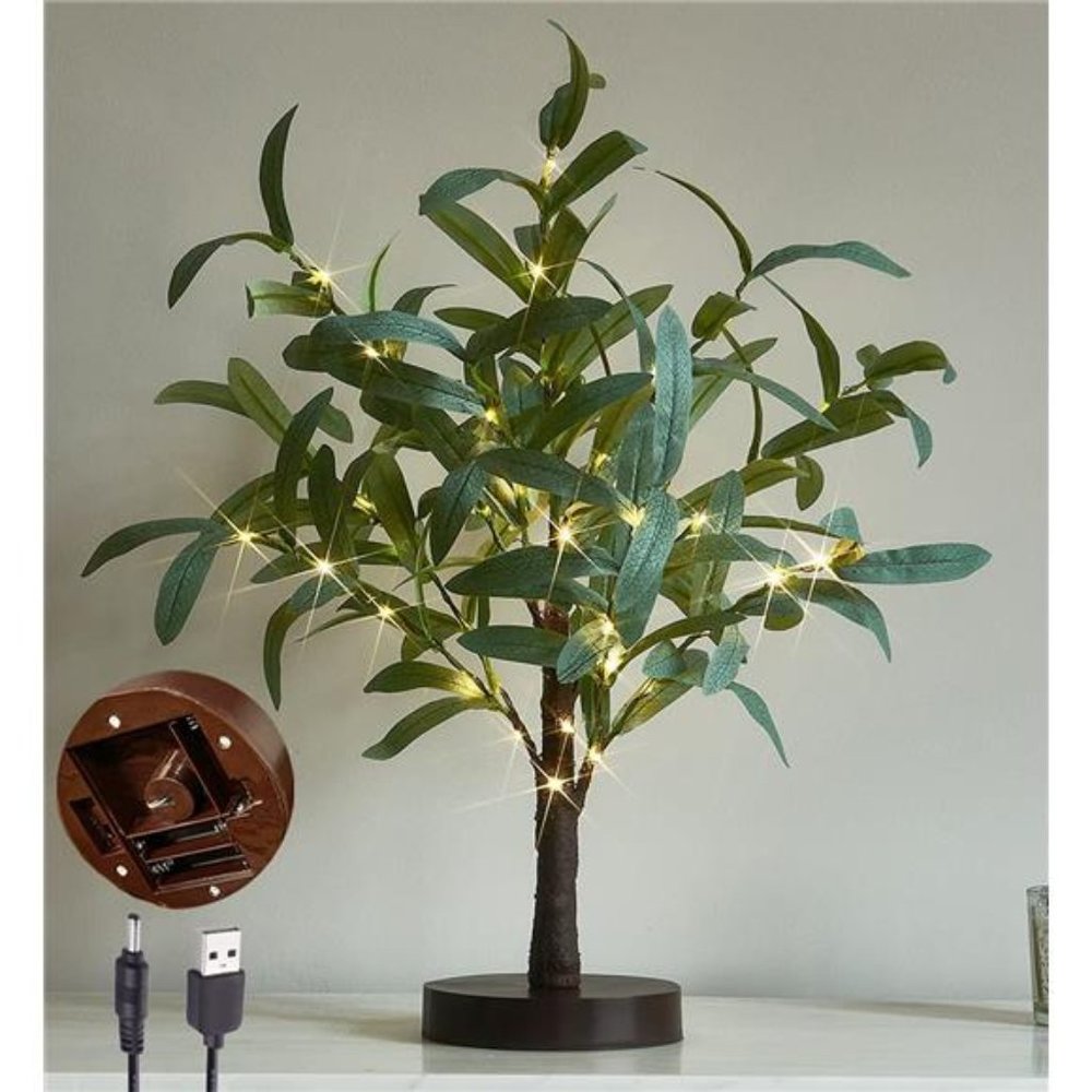 Lighted Olive Tree 18IN 50 LED Lights with Timer Battery Operated or USB Plug in